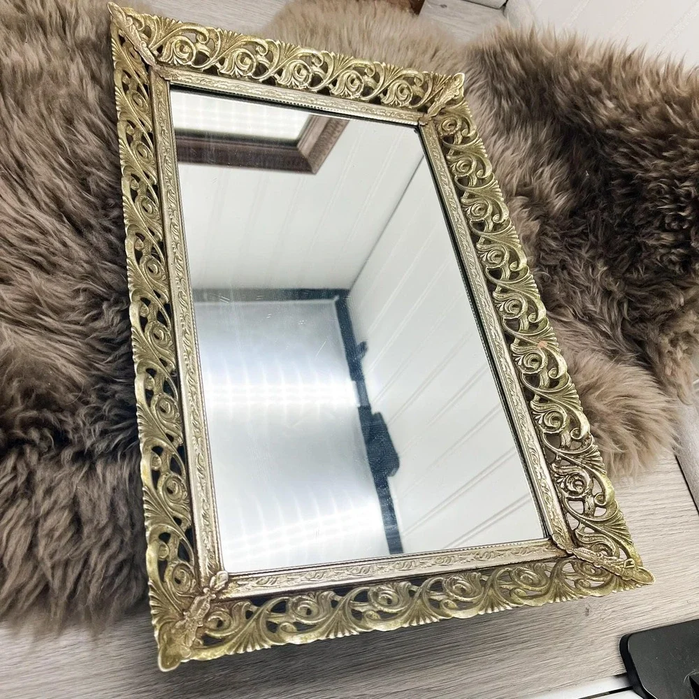 Vintage Ornate Filigree Mirror Tray: Hollywood Regency‎ Vanity Decor (10x15)